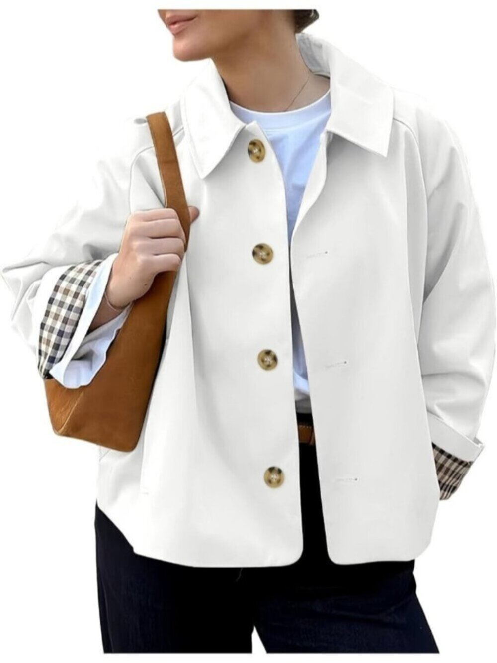 Women White Cropped Plaid Cuff Button Front Single Breasted Lining Trench Coat